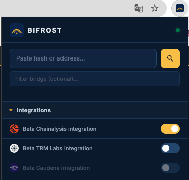 BIFROST popup: Integrations section expanded with Beta Chainalysis integration turned on