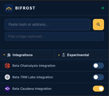 BIFROST popup: Integrations section expanded with Beta Caudena integration turned on