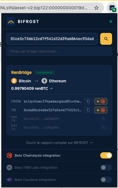 BIFROST extension popup showing bridge scan results
