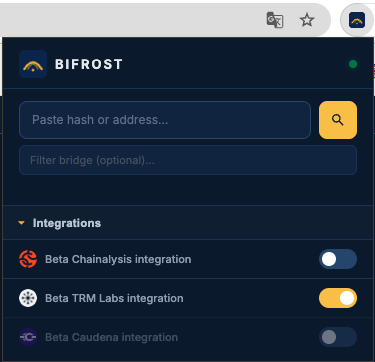 BIFROST popup: Integrations section expanded with Beta TRM Labs integration turned on